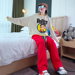 潮牌T秋冬大力水手宽松卫衣女大码撞色短款打底衫卡通长袖加厚T恤