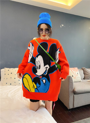 欧货甜酷宽松套头毛衣女装加厚冬季外穿大码中长款黑色针织衫外套