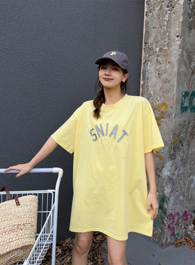 JL SUNFLOWER黑色中长款纯棉短袖t恤女宽松大码显瘦刺绣破洞上衣