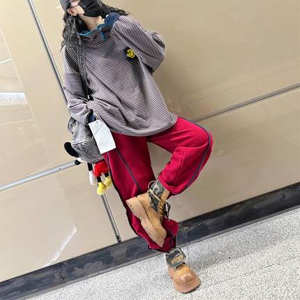 精致刺绣笑脸加绒加厚宽松连帽卫衣女百搭细条纹中长款T恤打底衫