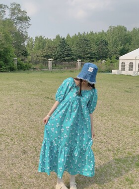 欧洲站夏季泡泡袖荷叶边显瘦长裙子女气质显白韩版宽松碎花连衣裙