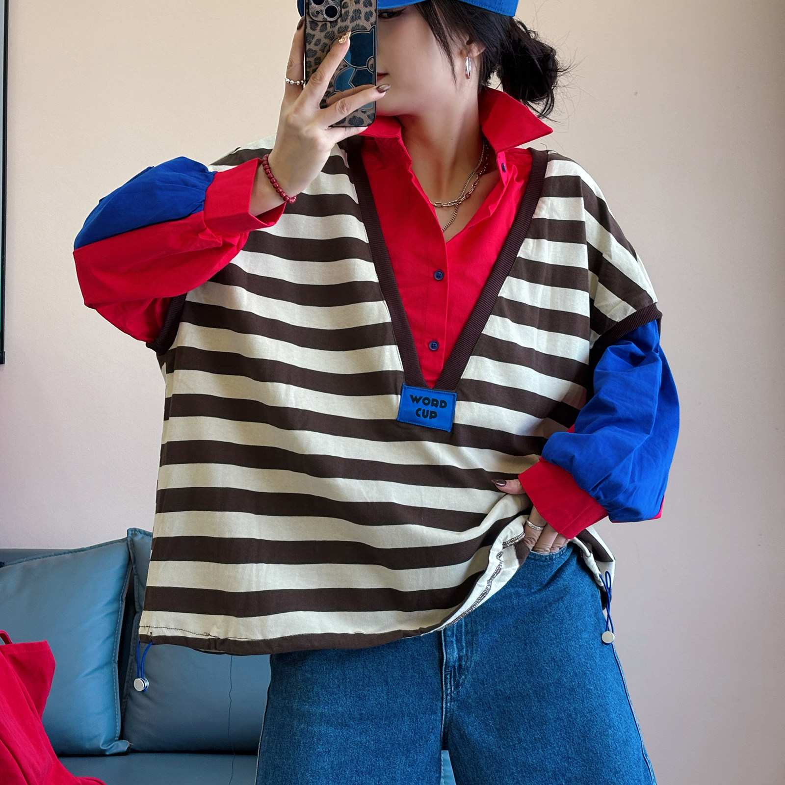 春季长袖条纹衬衫假两件polo领宽松显瘦上衣洋气百搭减龄打底衫