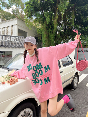 秋季新款大码宽松圆领刺绣卫衣女