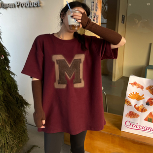 JL SUNFLOWER冬季纯棉打底衫女宽松百搭加厚磨毛短袖字母印花t恤