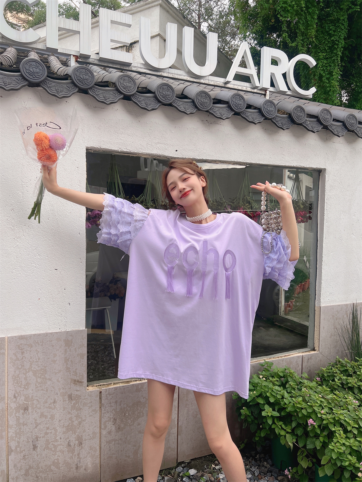 夏季宽松字母刺绣花边短袖t恤女