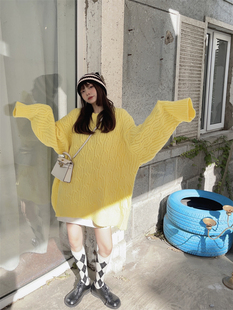 韩国冬季加厚粉色麻花毛衣女中长款宽松慵懒风套头复古针织衫外套