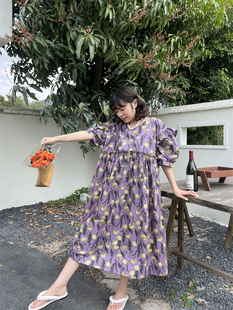 欧洲站宽松长款紫色碎花连衣裙女夏季新款大码法式泡泡袖裙子