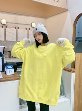 JL SUNFLOWER休闲中长款卡通字母笑脸卫衣女春季大码宽松亮片外套