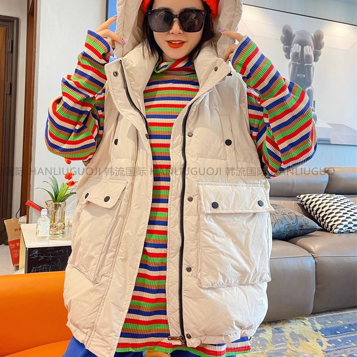 慵懒风羽绒马甲中长款冬季连帽女