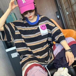 欧货设计感条纹贴布笑脸装饰短袖t恤女2024夏季新款宽松洋气半袖t