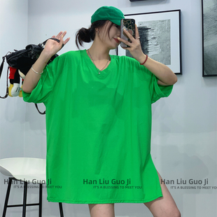 韩版新款宽松V领纯棉短袖T恤女夏季中长款显瘦慵懒风下摆开叉上衣