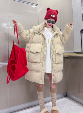 中长款大口袋工装风连帽羽绒服厚