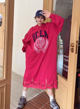 JL SUNFLOWER秋季新款潮牌黑色刺绣连帽卫衣女宽松韩版蕾丝连衣裙