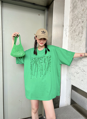 JL SUNFLOWER纯棉宽松短袖t恤女夏季新款蕾丝绿色重工亮片上衣潮