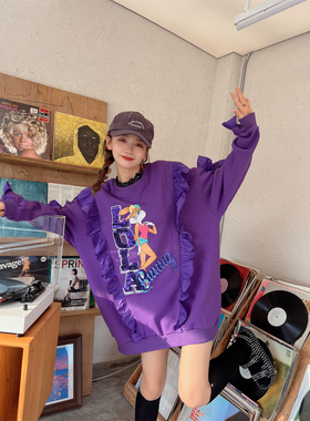 JL SUNFLOWER秋季大码宽松圆领卡通印花卫衣女法式荷叶边亮片上衣