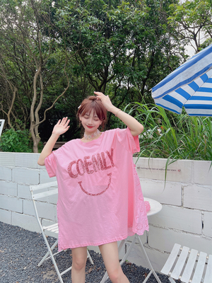 夏季宽松刺绣亮片蕾丝短袖t恤女