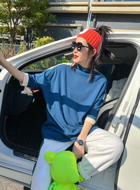 半高领宽松纯棉磨毛打底t恤女ins