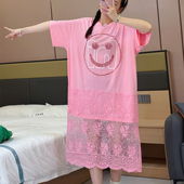 t恤裙百搭蕾丝短袖 夏款 笑脸亮片宽松长款 拼接简约气质H型连衣裙子