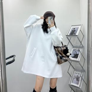 纯色秋冬口袋卫衣女欧洲站宽松显瘦净版时尚设计感中长款上衣外套