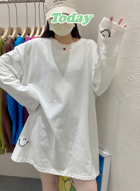 JL SUNFLOWER秋季大码宽松纯棉白色笑脸长袖t恤女显瘦别致上衣ins