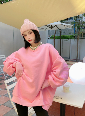 JL SUNFLOWER韩版冬季亮片刺绣卫衣女中长款宽松显瘦纯棉加厚上衣