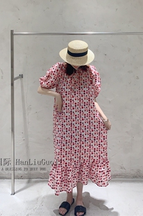 夏季过膝荷叶边波点长裙女时尚洋气泡泡袖韩版宽松显瘦连衣裙