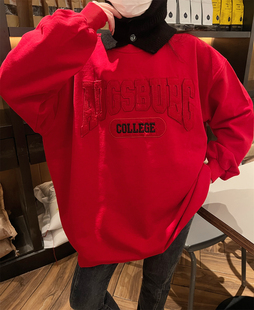 JL SUNFLOWER重工刺绣红色大码宽松纯棉卫衣女春季新款显瘦外套潮