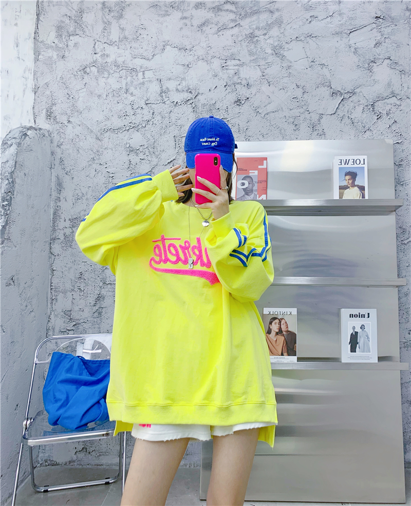 韩国秋装撞色拼接两条杠卫衣小众设计高街bf风大码宽松刺绣外套女