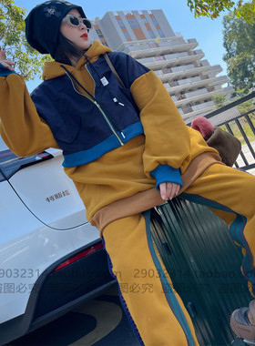 加绒加厚连帽撞色假两件卫衣女