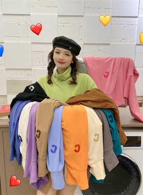 JL SUNFLOWER欧货磨毛宽松高领打底衫女秋冬内搭大码C字母长袖t恤