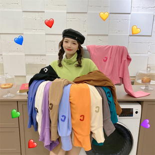 JL SUNFLOWER欧货磨毛宽松高领打底衫女秋冬内搭大码C字母长袖t恤