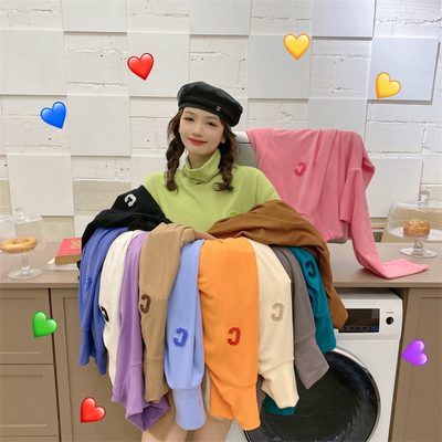 JL SUNFLOWER欧货磨毛宽松高领打底衫女秋冬内搭大码C字母长袖t恤