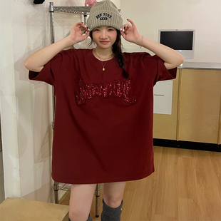 JL SUNFLOWER冬季刺绣纯棉磨毛加厚短袖t恤女大码亮片打底衫上衣