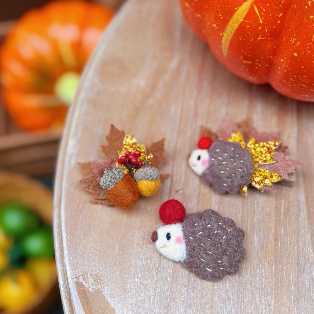 森系羊毛毡小刺猬浆果香锅松果枫叶胸针发夹女童秋冬配饰