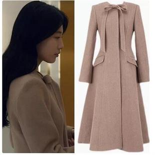 安娜裴秀智孙艺珍同款 领结毛呢连衣裙高级感收腰系带大衣外套裙子