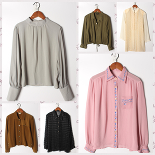 实拍售卖130 女上衣 古着Vintage孤品棉麻花刺绣白衬衫 孤品日系