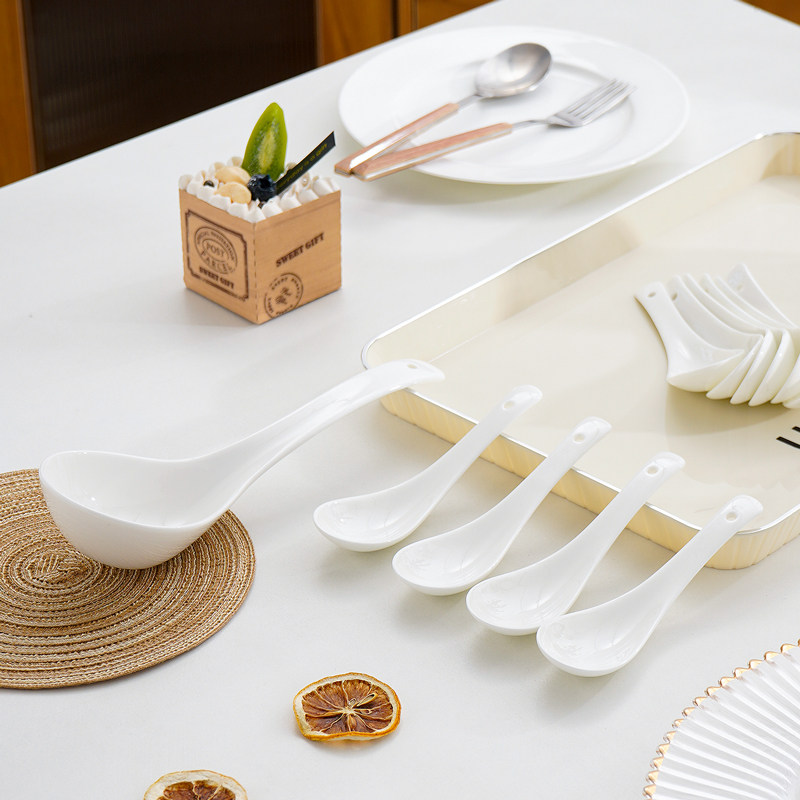 4个装 家用骨瓷小汤勺喝汤勺陶瓷吃饭勺圆头勺长柄小勺调羹汤匙