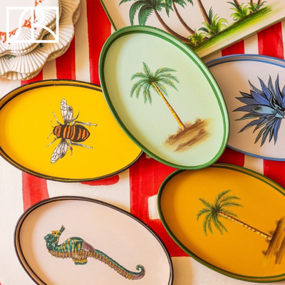 意大利Les Ottomans 手工金属艺术手绘图案托盘客厅茶几装饰餐盘