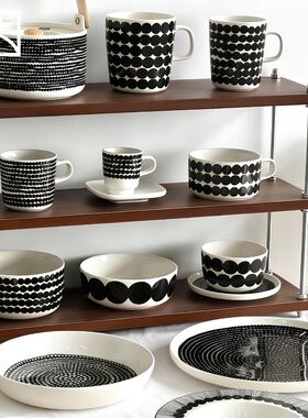 芬兰Marimekko Rasymatto黑波点陶瓷马克杯茶杯盘子饭碗北欧餐具