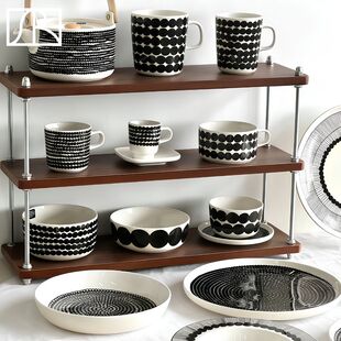 芬兰Marimekko Rasymatto黑波点陶瓷马克杯茶杯盘子饭碗北欧餐具