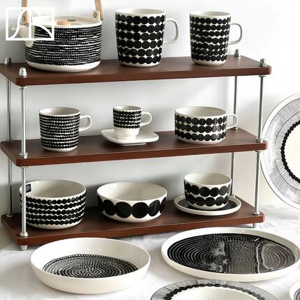 芬兰Marimekko Rasymatto黑波点陶瓷马克杯茶杯盘子饭碗北欧餐具