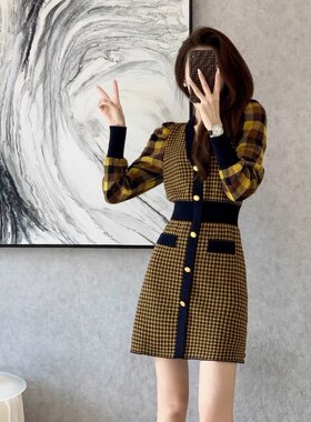 小香风针织连衣裙2023春秋新款女打底洋气显瘦名媛中长款毛衣裙子