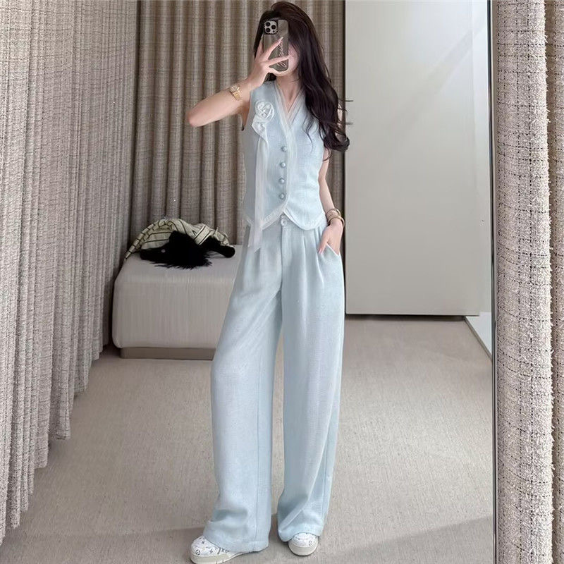 2025年夏季新款韩系法式小香风网纱边背心马甲+阔腿裤两件套套装