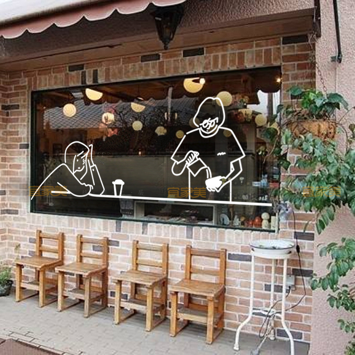 极简手绘文艺人物咖啡奶茶店橱窗玻璃贴墙面背景墙装饰抽象画贴纸图片