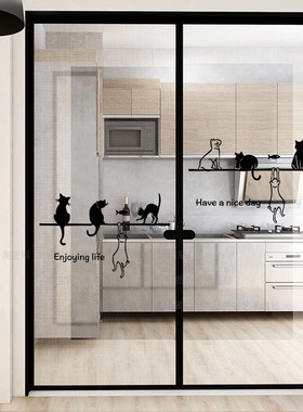 阳台玻璃门防撞贴纸画窗户白色图案移动推拉门墙面ins风猫咪装饰