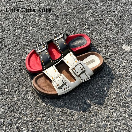 美式街头风铆钉双扣凉拖女夏季厚底外穿一字拖潮流个性休闲拖鞋