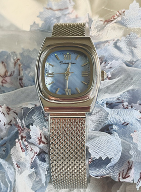 稀有蓝色天然贝母表盘风小众方表复古罗马设计进口石英优雅女表