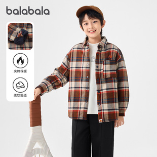 童装 巴拉巴拉男童长袖 新款 大童格子衬衣儿童加绒宽松外套冬装 衬衫