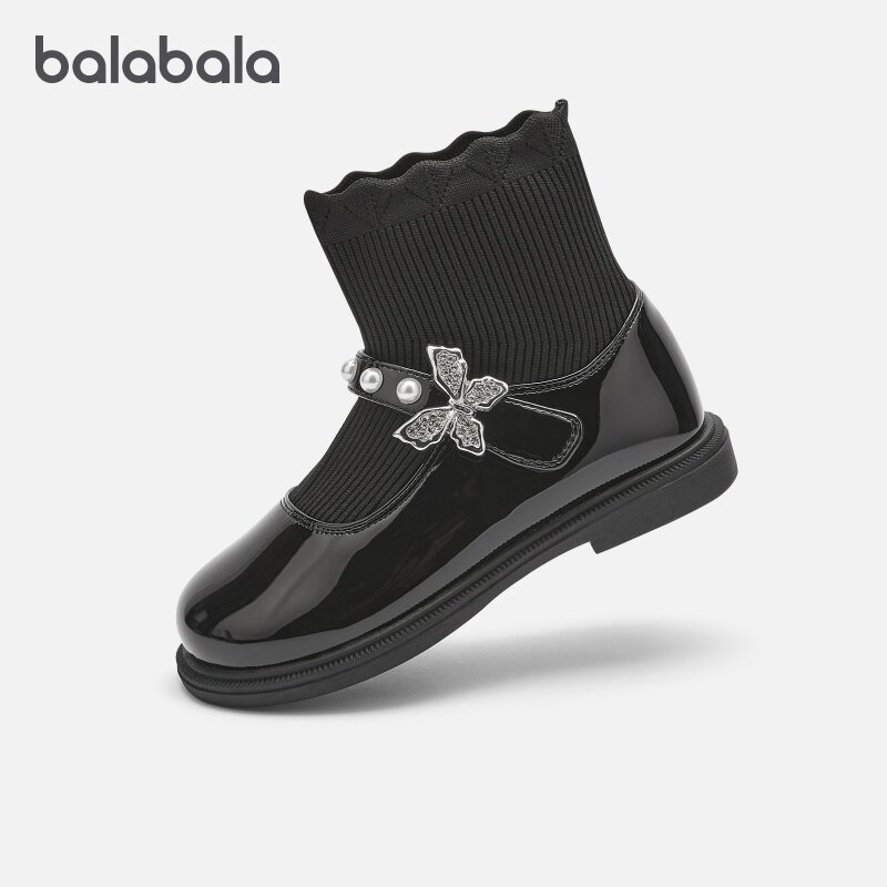 巴拉巴拉女童靴子宝宝时尚公主袜靴儿童亮面针织靴2025春秋童鞋潮