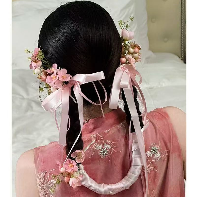 甜美超仙花朵丝带蝴蝶结发夹新娘盘发造型结婚配饰新中式晨袍边夹